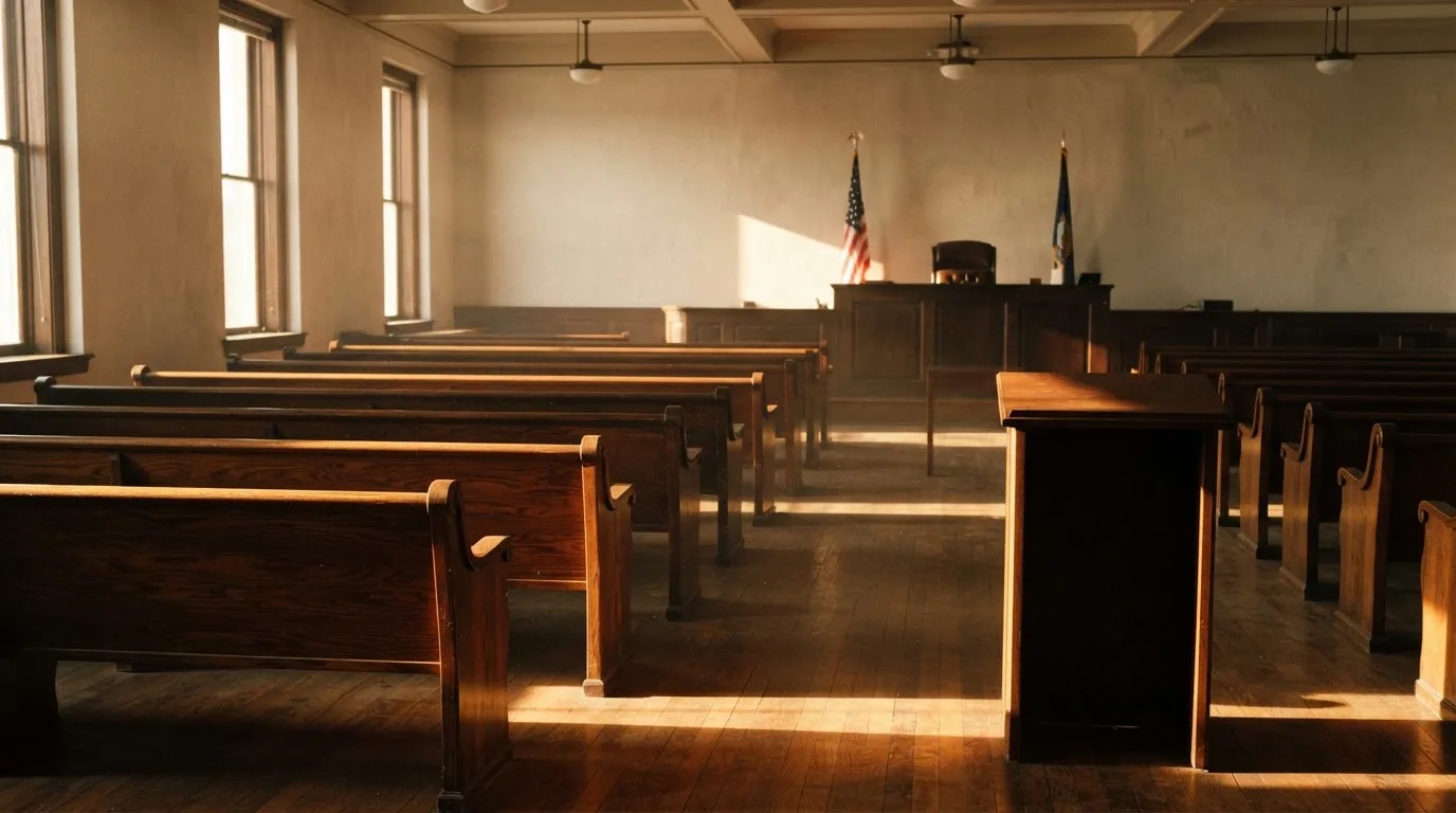 An empty courtroom with wooden benches in morning light