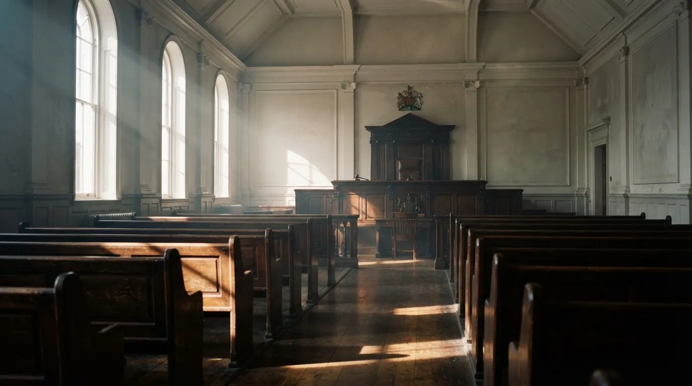 An empty courtroom with wooden benches in morning light