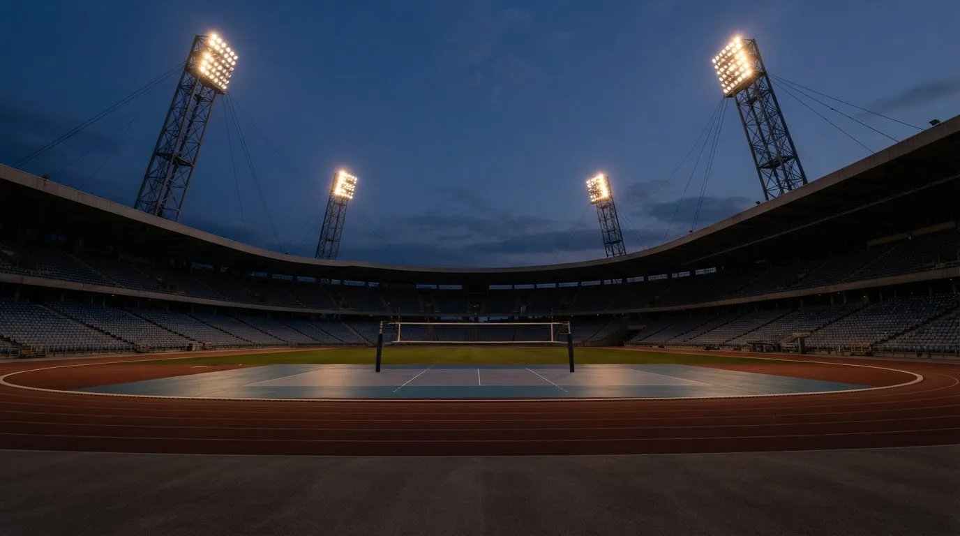 An empty football stadium with floodlight masts at dusk