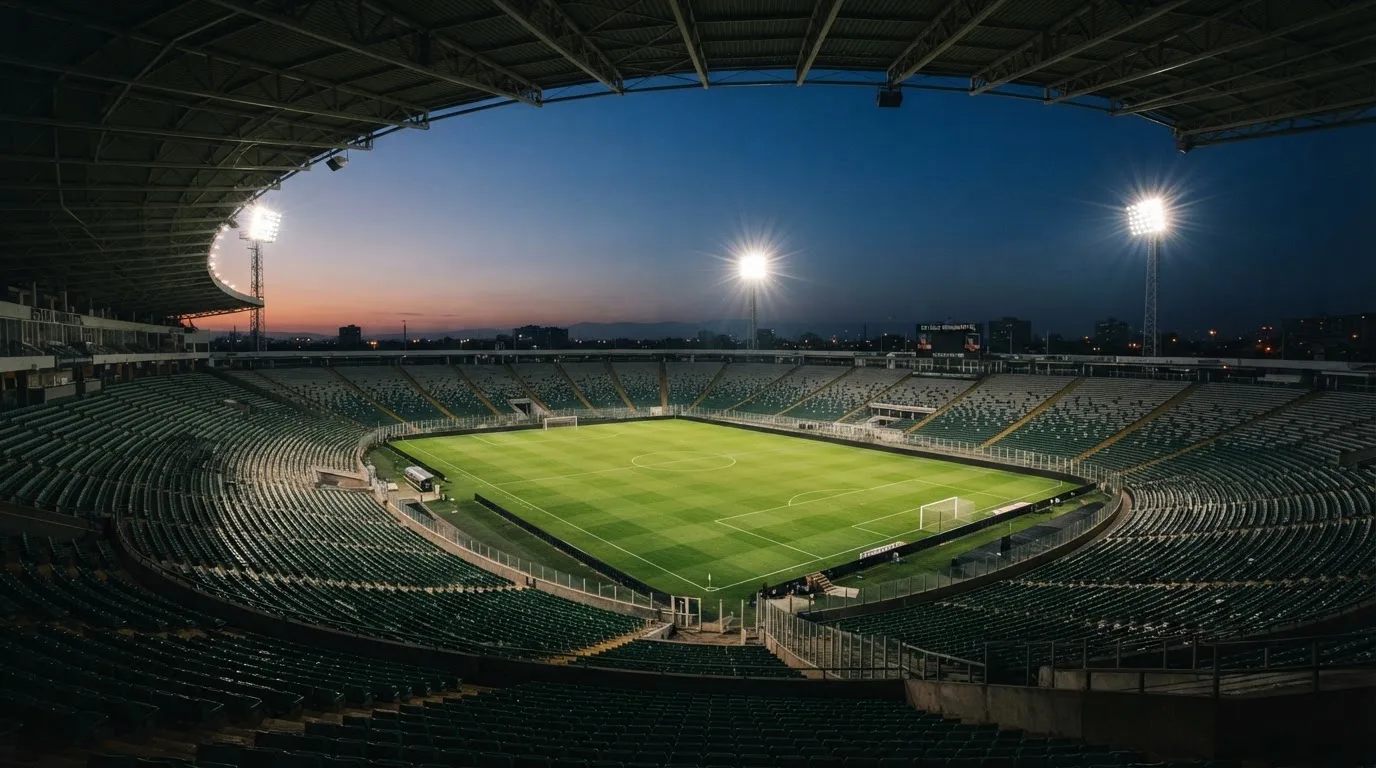 An empty football stadium with floodlight masts at dusk