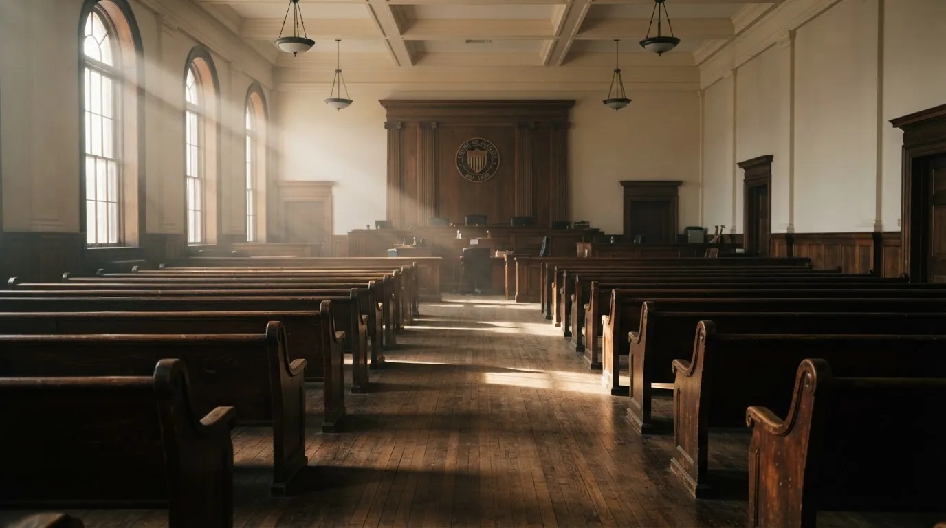 An empty courtroom with wooden benches in morning light