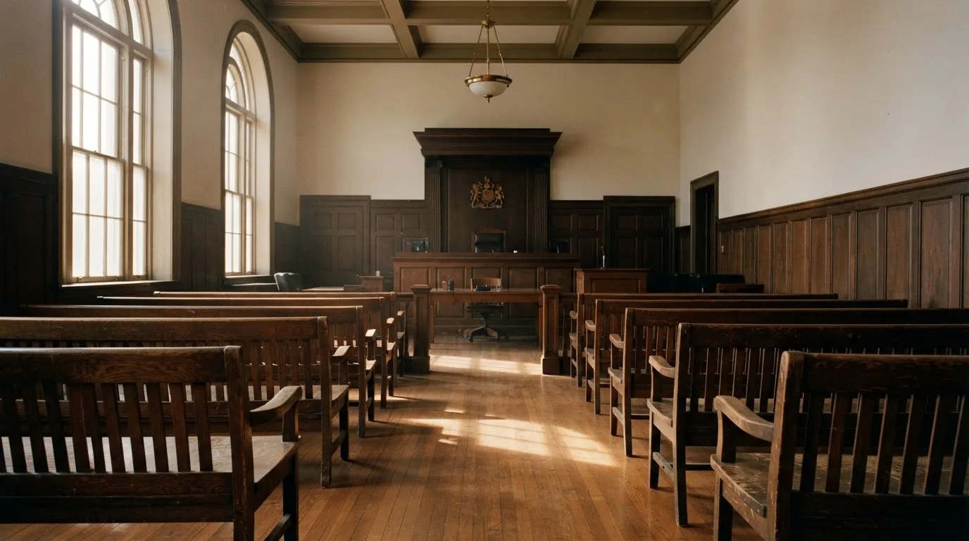 An empty courtroom with wooden benches in morning light