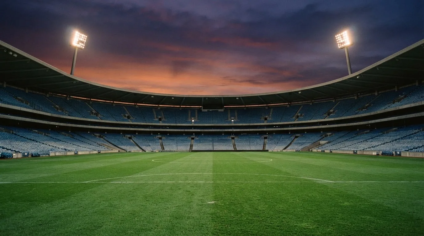 An empty football stadium with floodlight masts at dusk