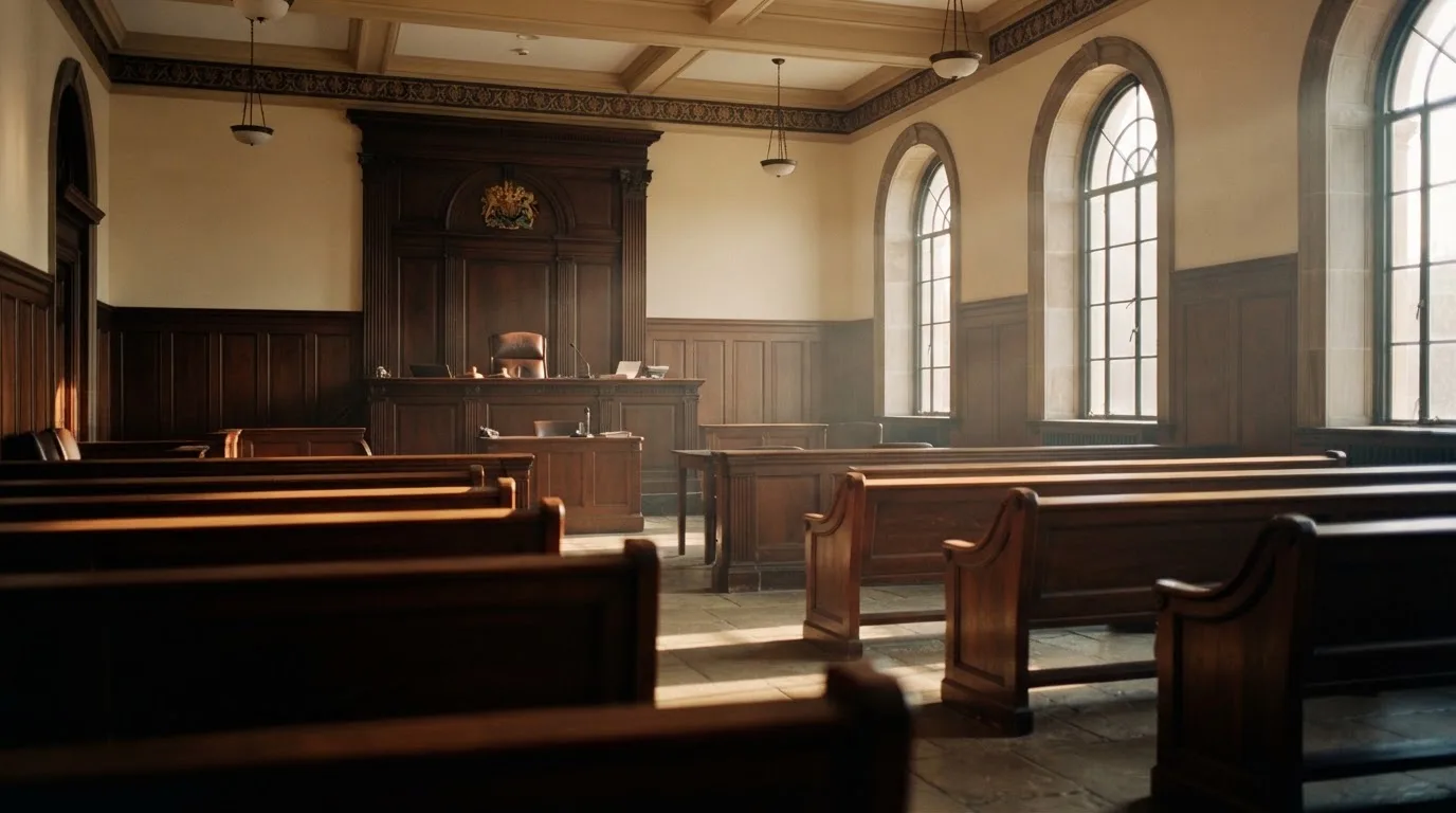 An empty courtroom with wooden benches in morning light