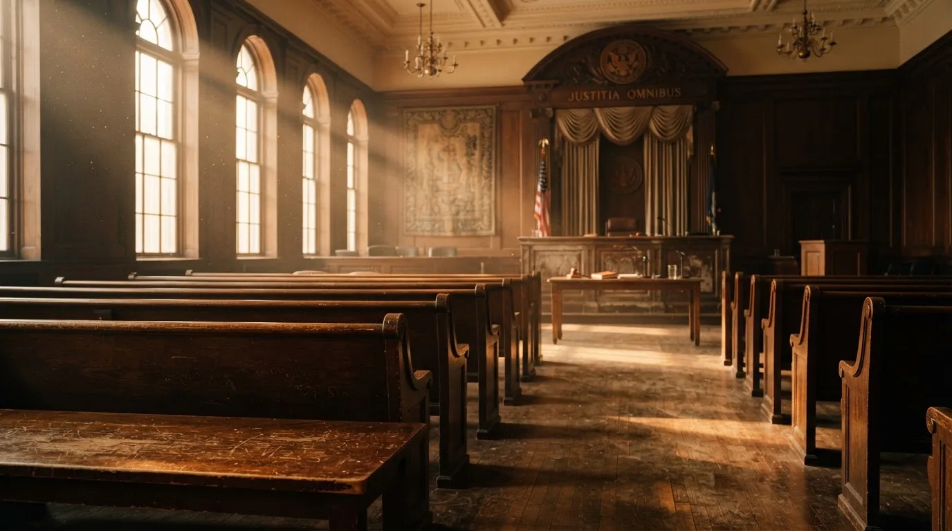 An empty courtroom with wooden benches in morning light