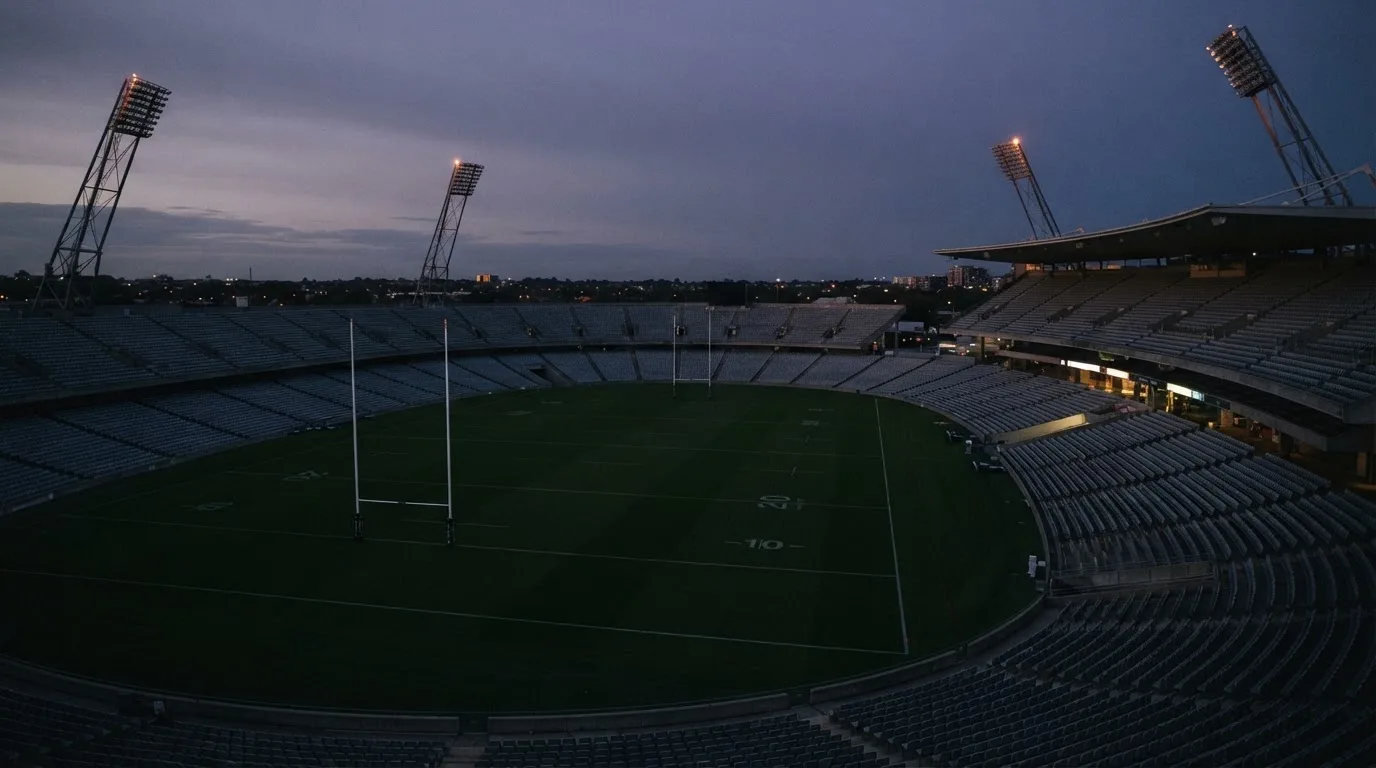 An empty football stadium with floodlight masts at dusk