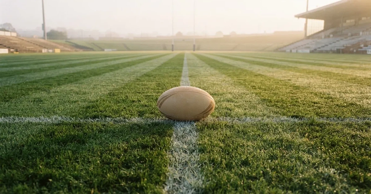A ball on the centre spot of a grass pitch in morning light