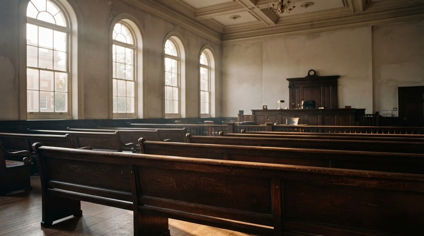 An empty courtroom with wooden benches in morning light