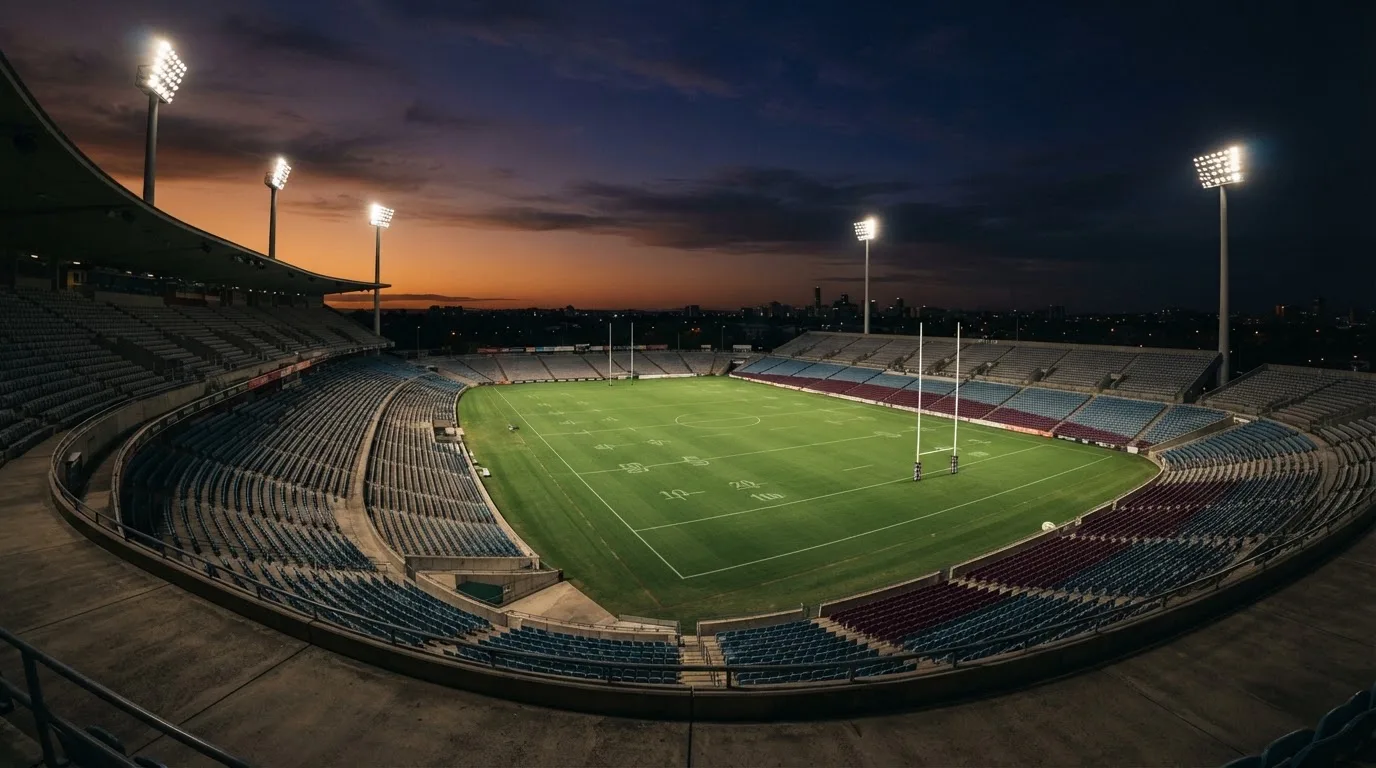 An empty football stadium with floodlight masts at dusk