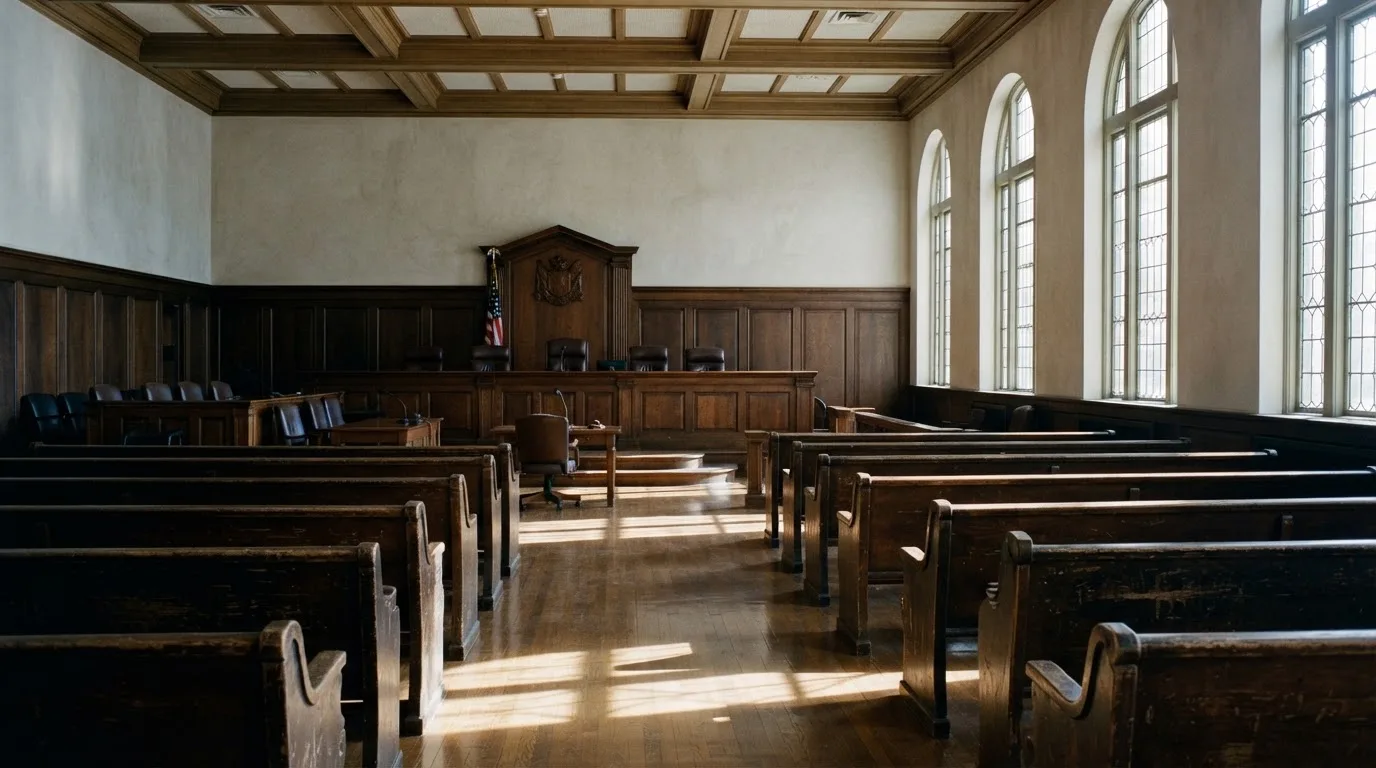 An empty courtroom with wooden benches in morning light
