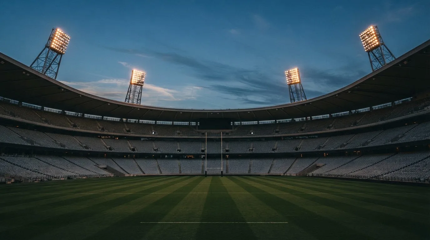 An empty football stadium with floodlight masts at dusk