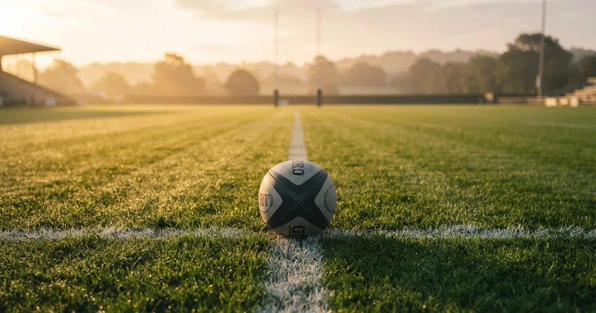 A ball on the centre spot of a grass pitch in morning light