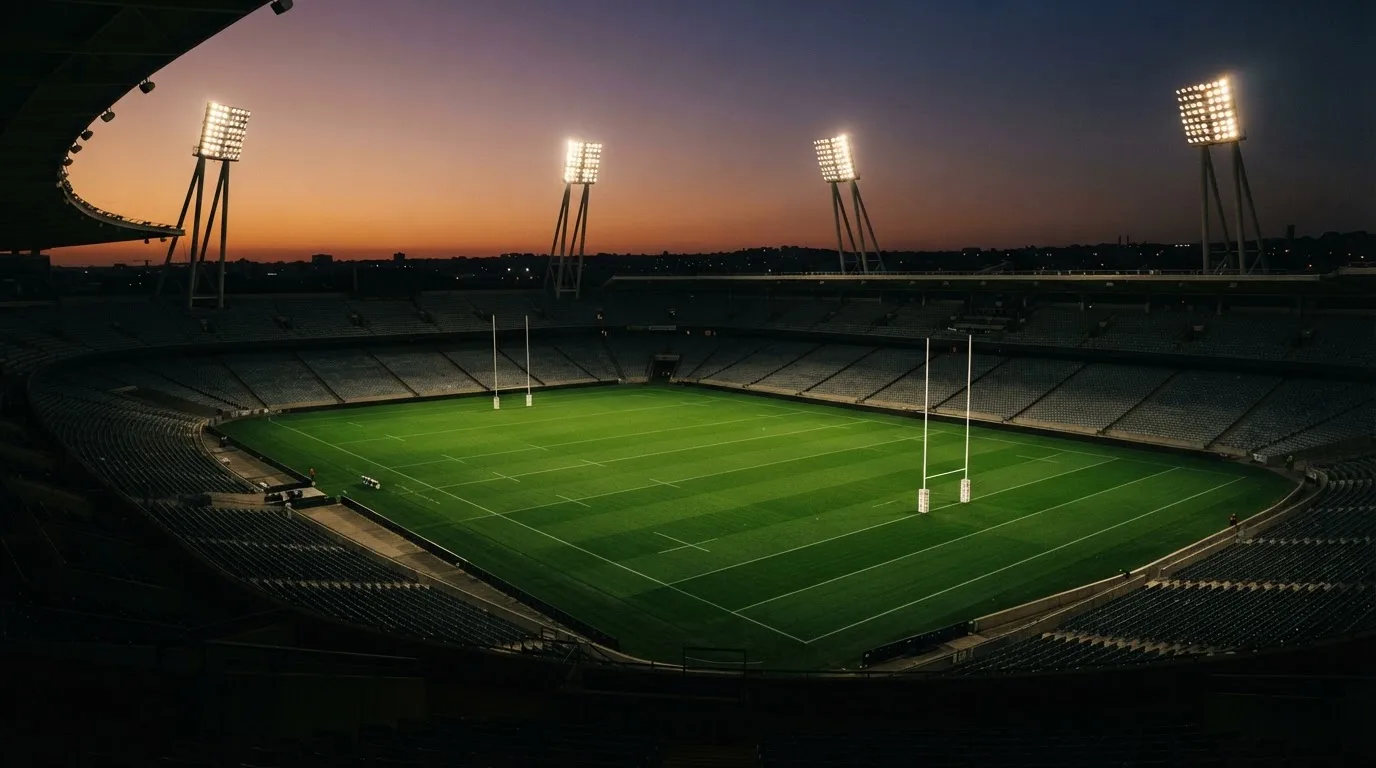 An empty football stadium with floodlight masts at dusk