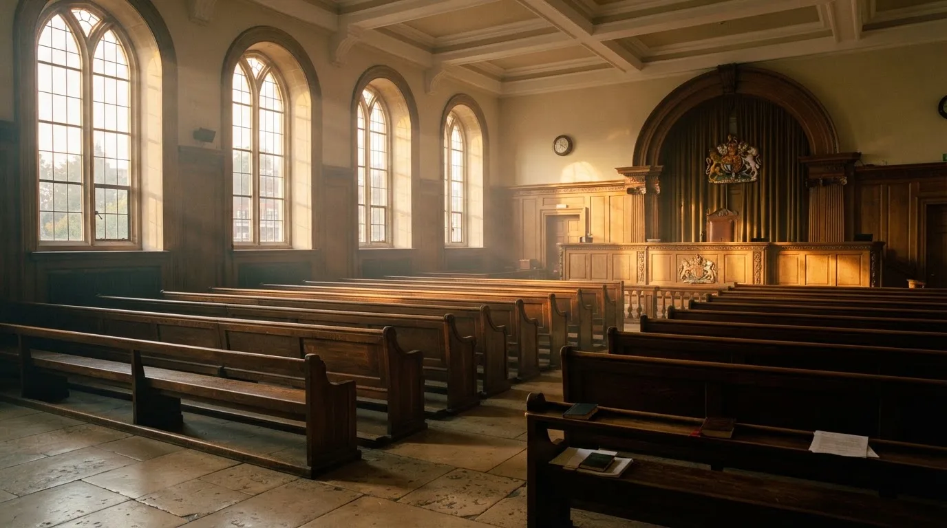 An empty courtroom with wooden benches in morning light