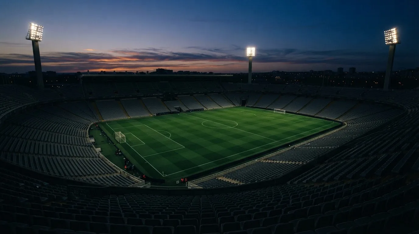 An empty football stadium with floodlight masts at dusk