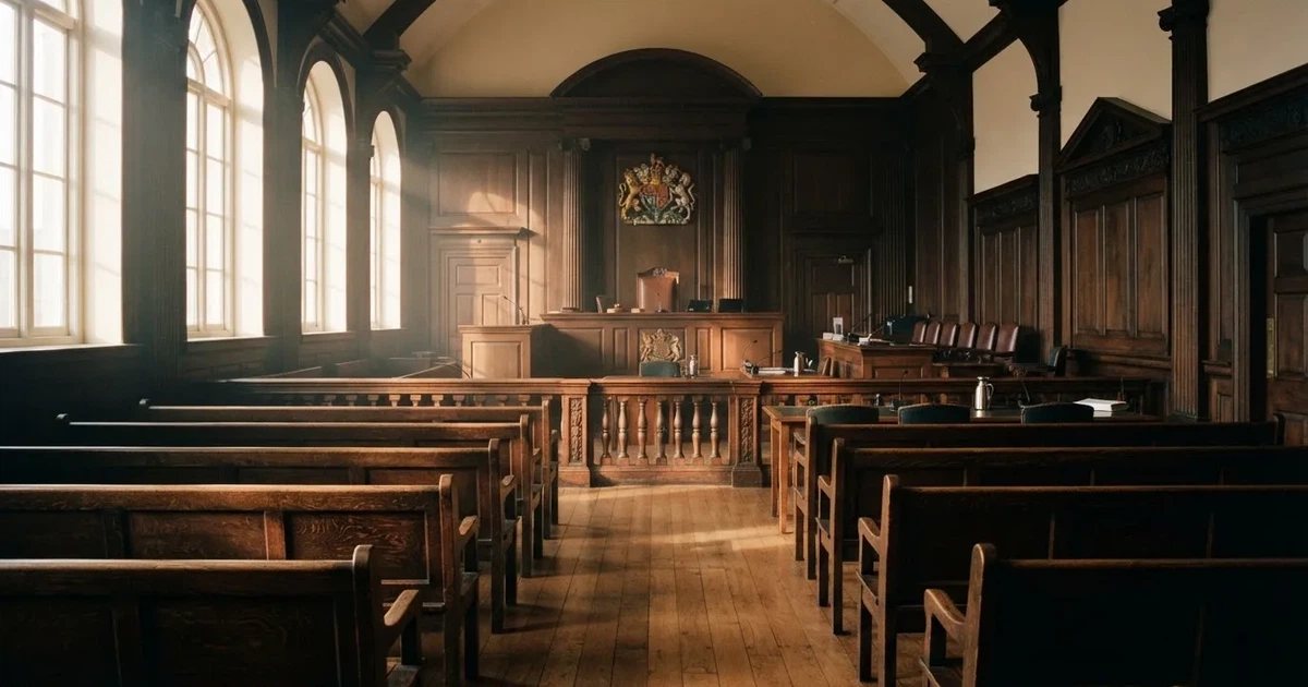 An empty courtroom with wooden benches in morning light