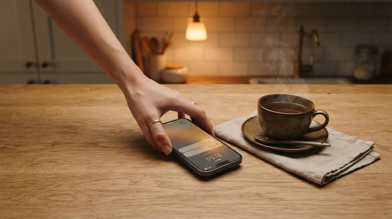 A hand setting a smartphone down beside a cup of tea on a kitchen table on a quiet evening
