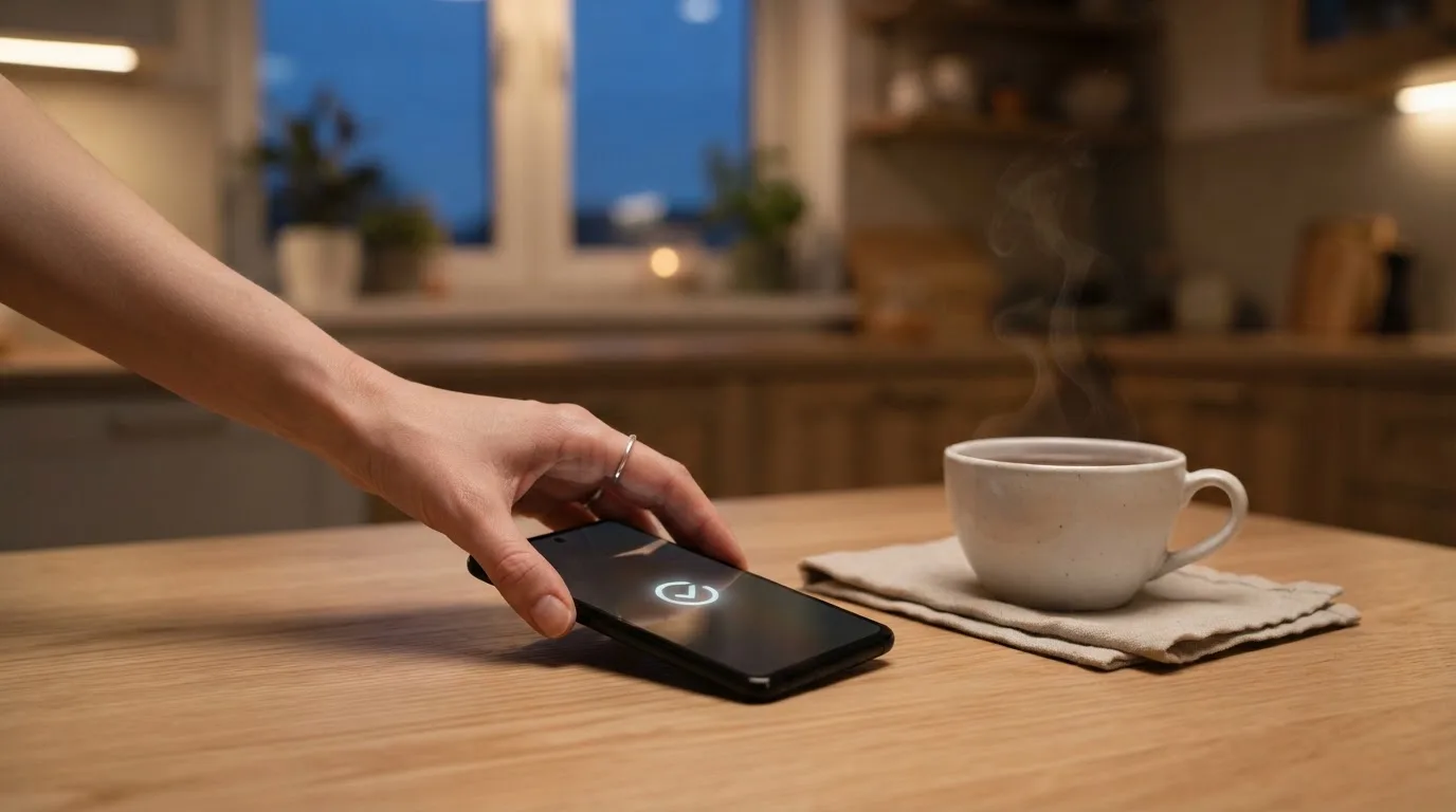 A hand setting a smartphone down beside a cup of tea on a kitchen table on a quiet evening