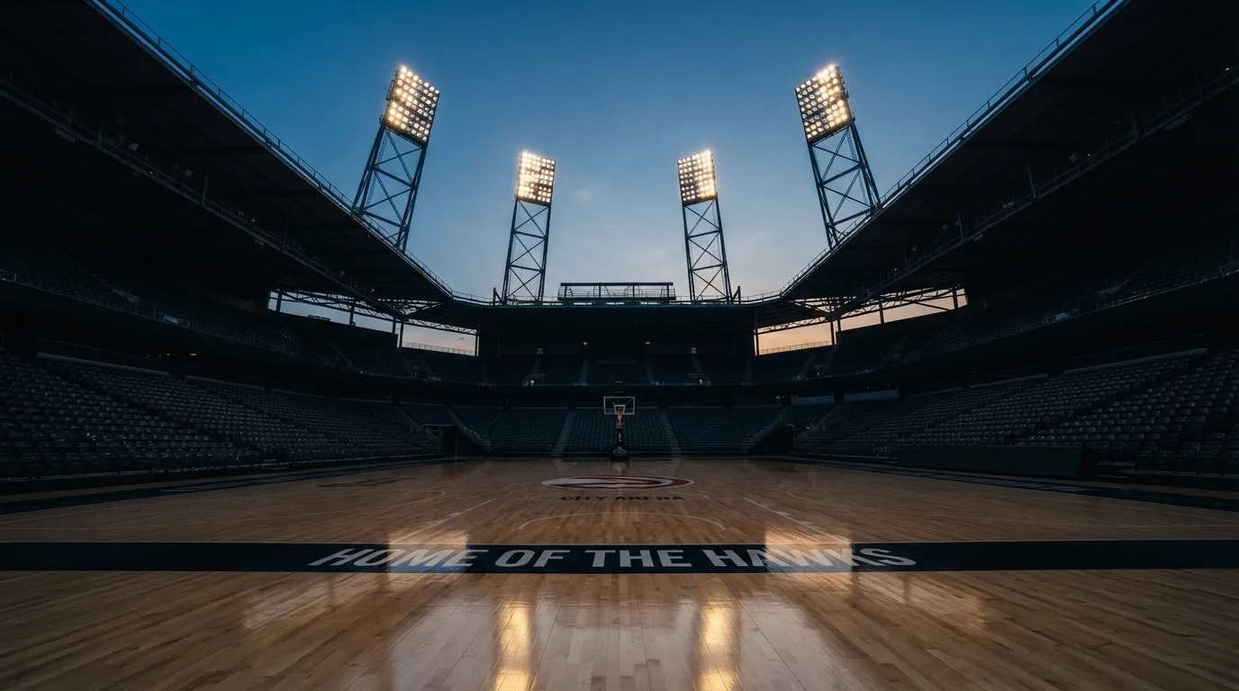 An empty football stadium with floodlight masts at dusk