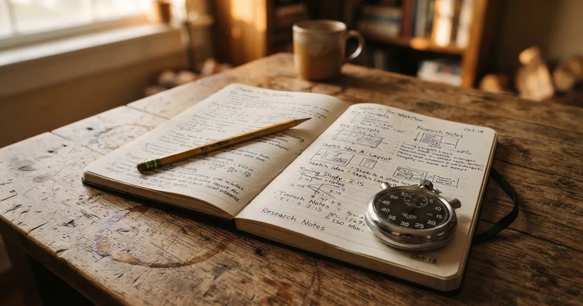 An open notebook with a pencil and a stopwatch on a wooden table