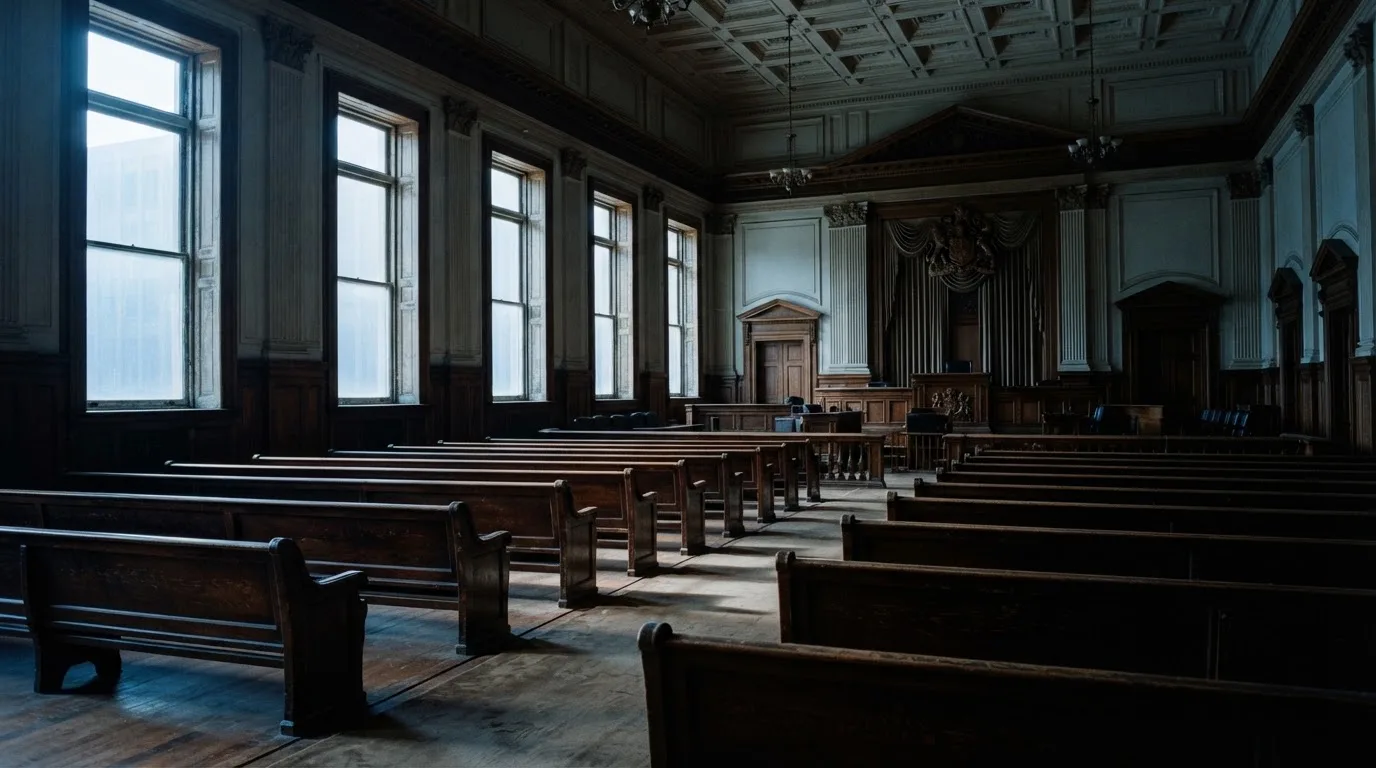 An empty courtroom with wooden benches in morning light
