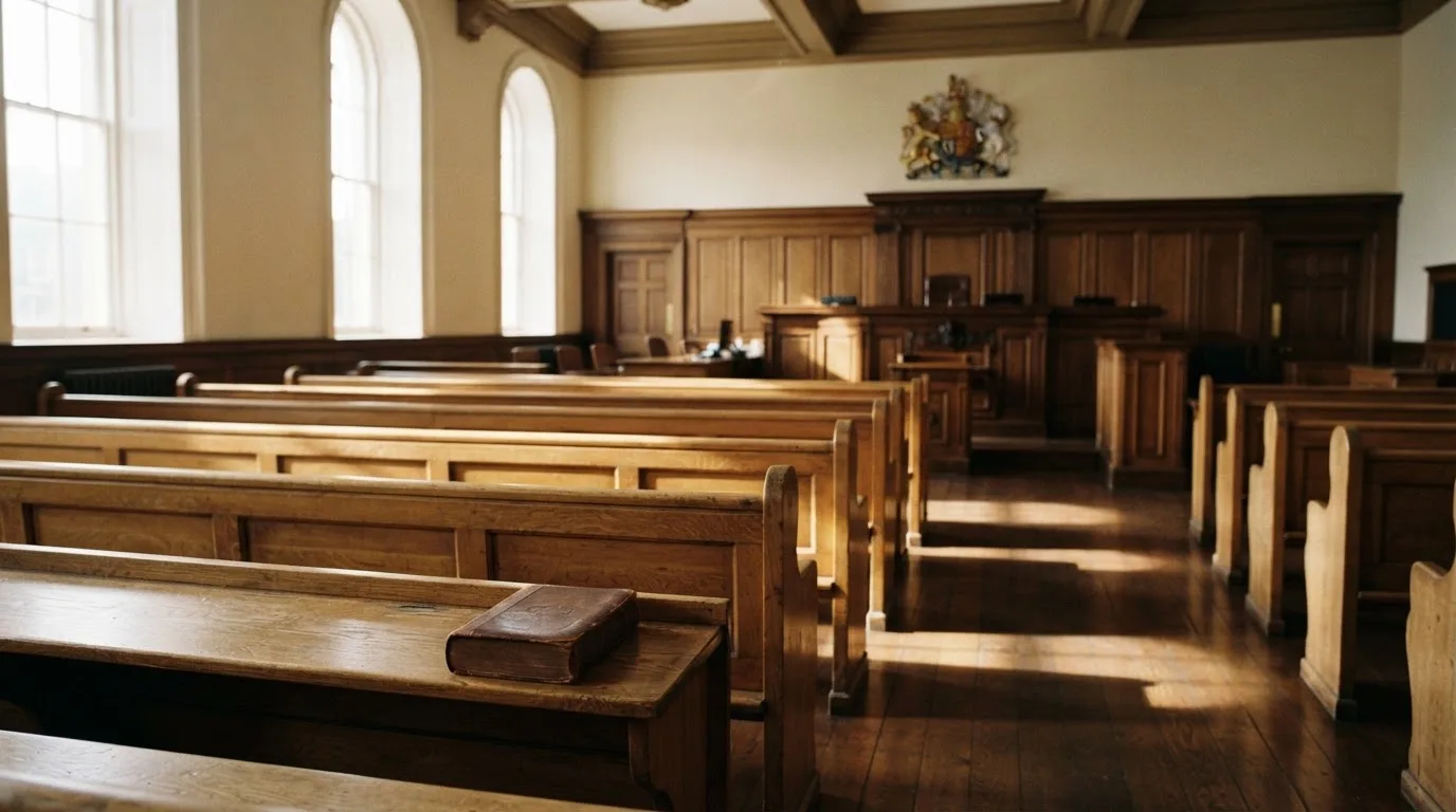 An empty courtroom with wooden benches in morning light