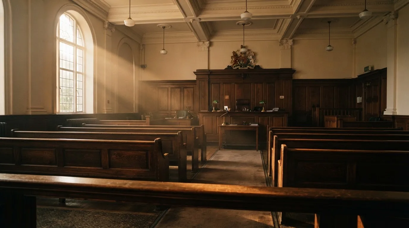 An empty courtroom with wooden benches in morning light