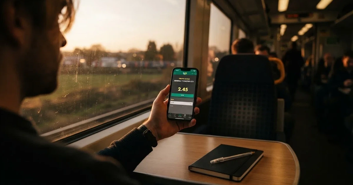 A hand holding a smartphone on a train in the evening, screen turned away