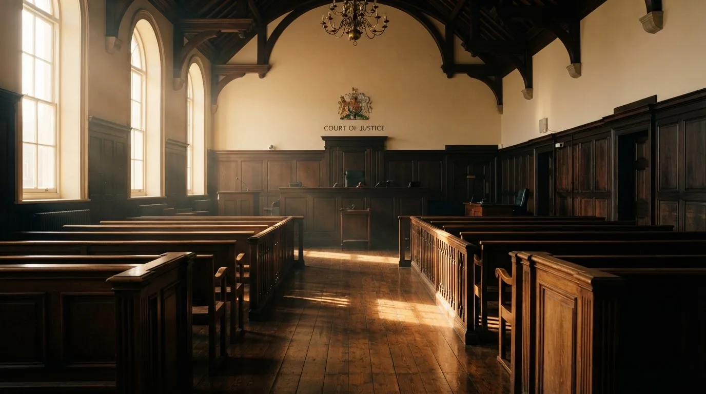 An empty courtroom with wooden benches in morning light