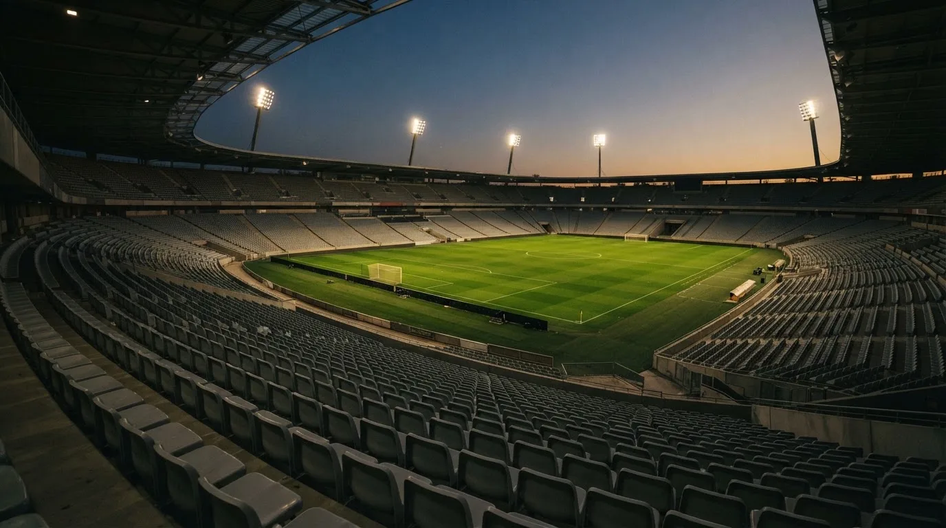 An empty football stadium with floodlight masts at dusk
