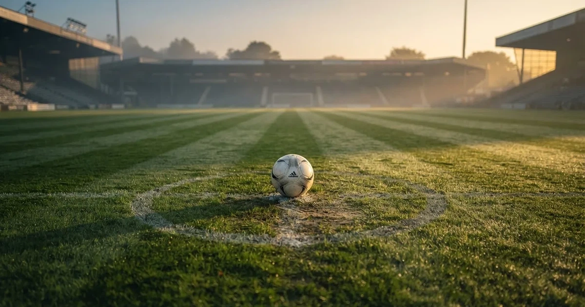 A ball on the centre spot of a grass pitch in morning light