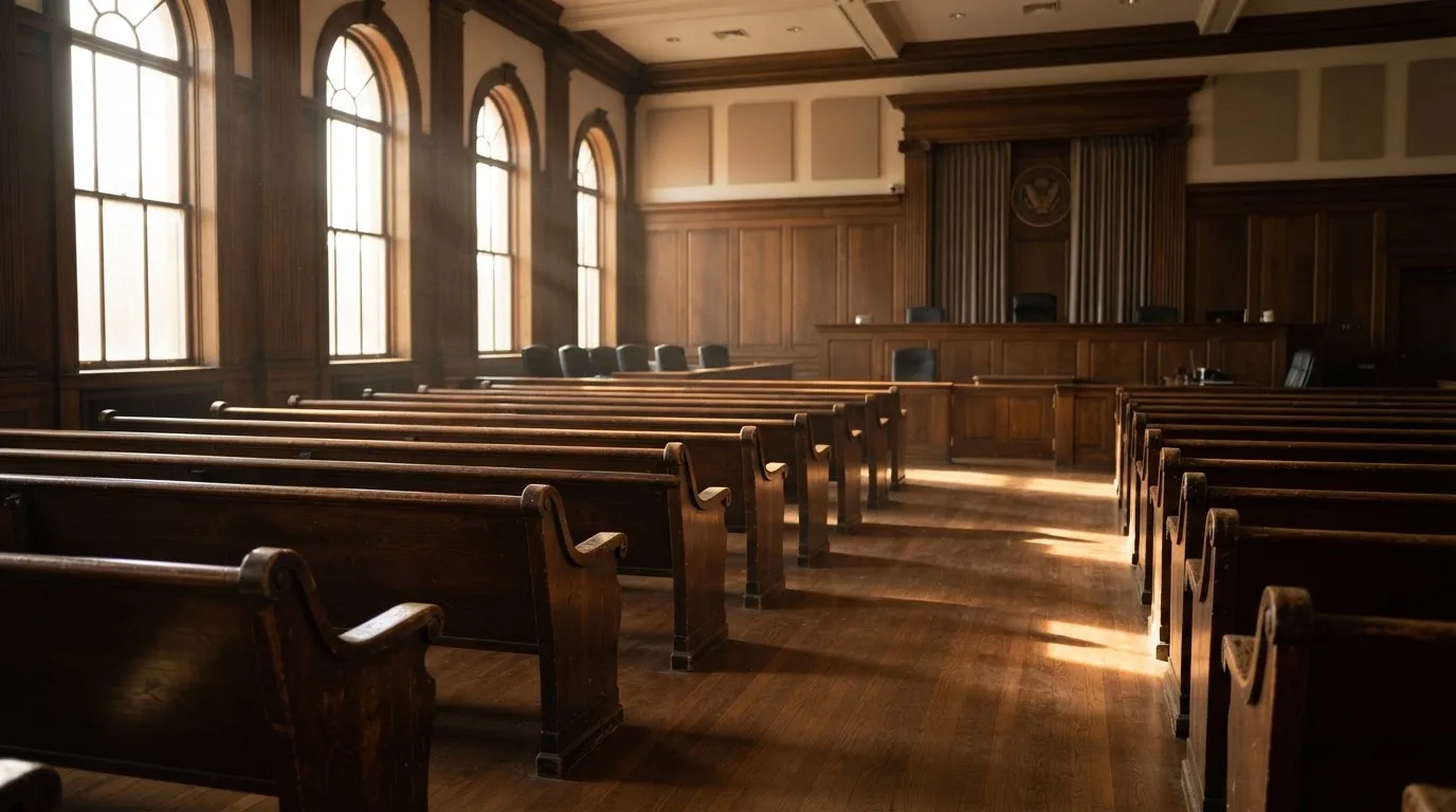 An empty courtroom with wooden benches in morning light