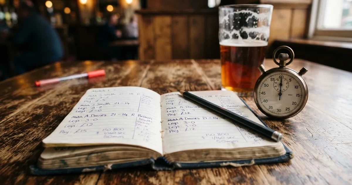 An open notebook with a pencil and a stopwatch on a wooden table