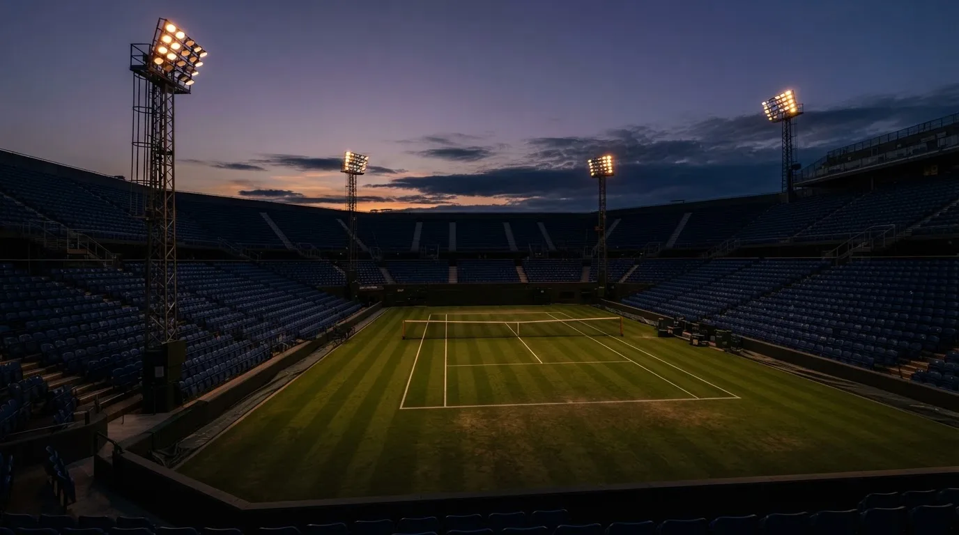 An empty football stadium with floodlight masts at dusk