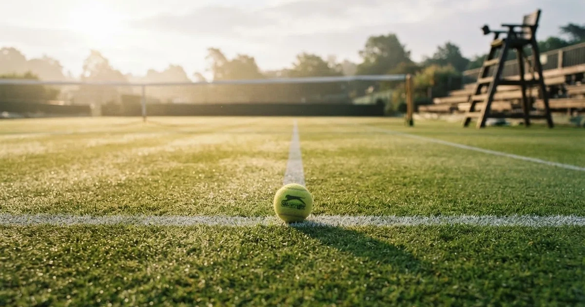A ball on the centre spot of a grass pitch in morning light