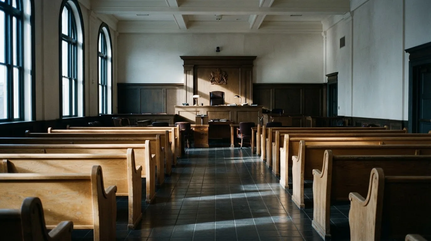 An empty courtroom with wooden benches in morning light