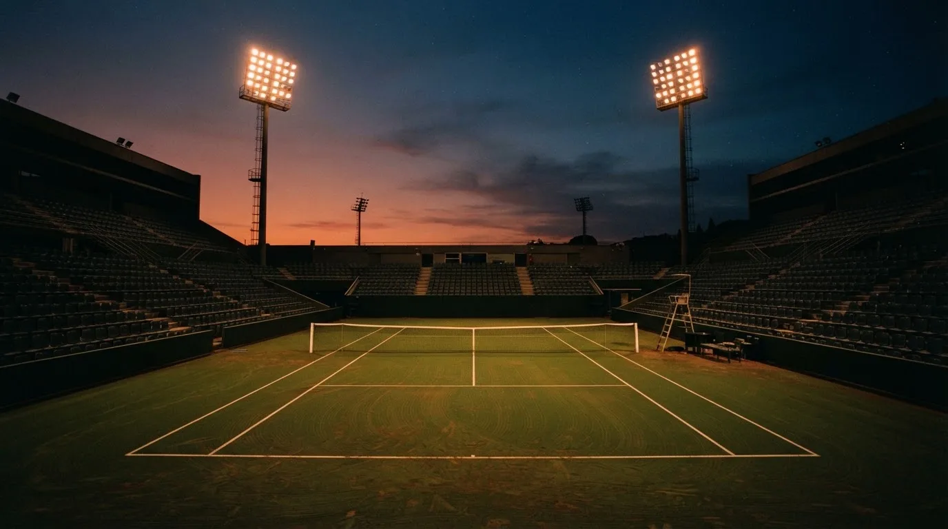 An empty football stadium with floodlight masts at dusk