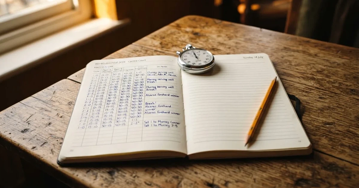 An open notebook with a pencil and a stopwatch on a wooden table