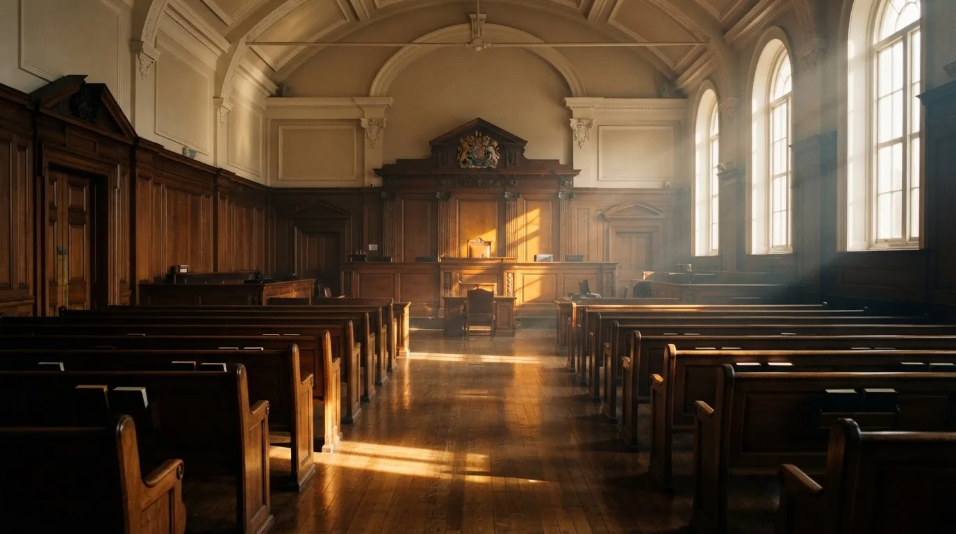 An empty courtroom with wooden benches in morning light