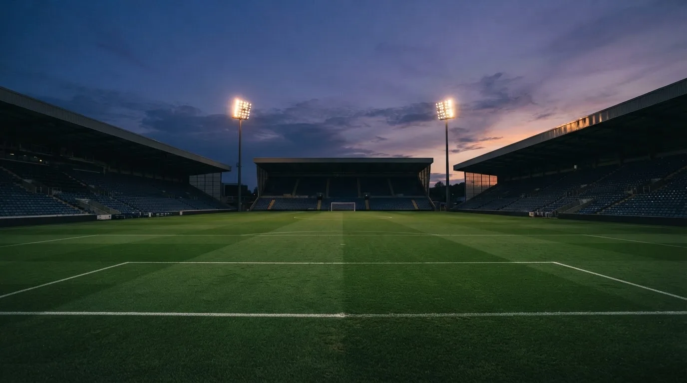 An empty football stadium with floodlight masts at dusk