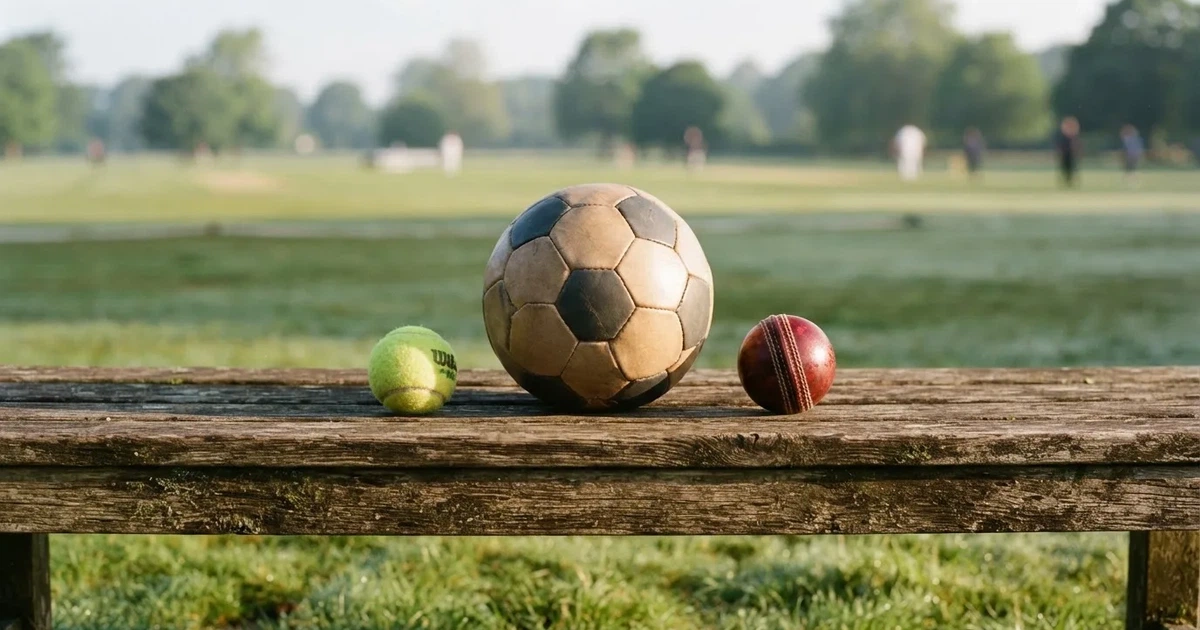 Three balls of different kinds side by side on a wooden bench