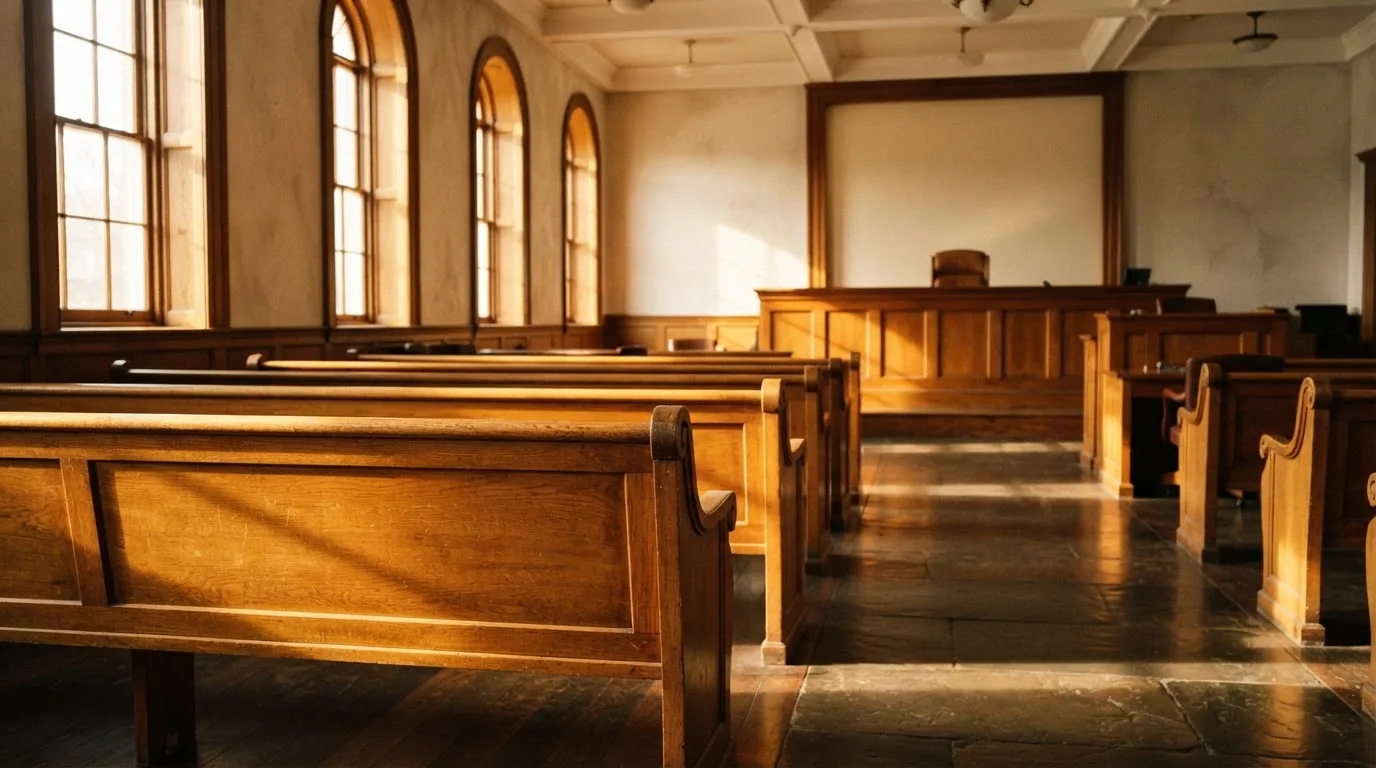 An empty courtroom with wooden benches in morning light