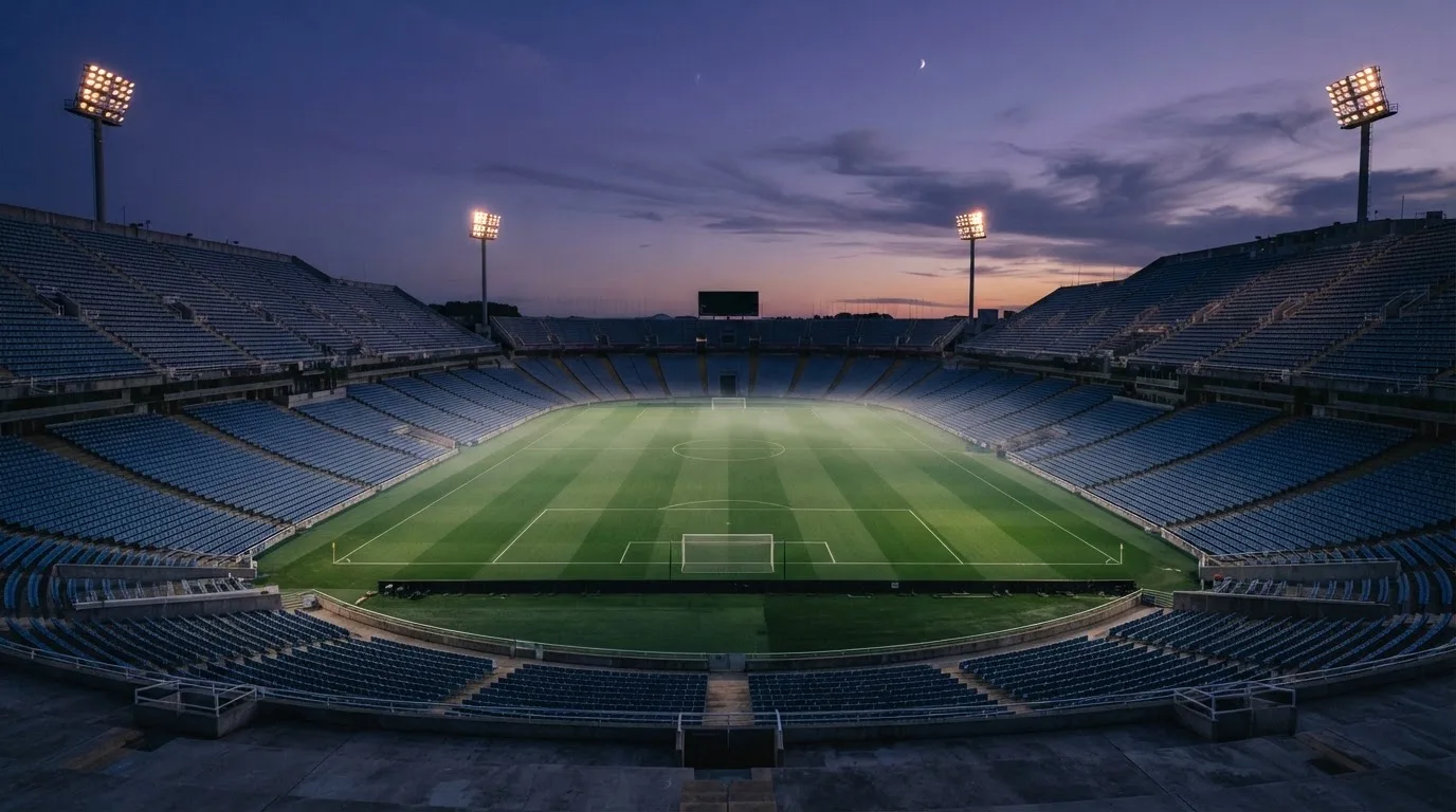 An empty football stadium with floodlight masts at dusk