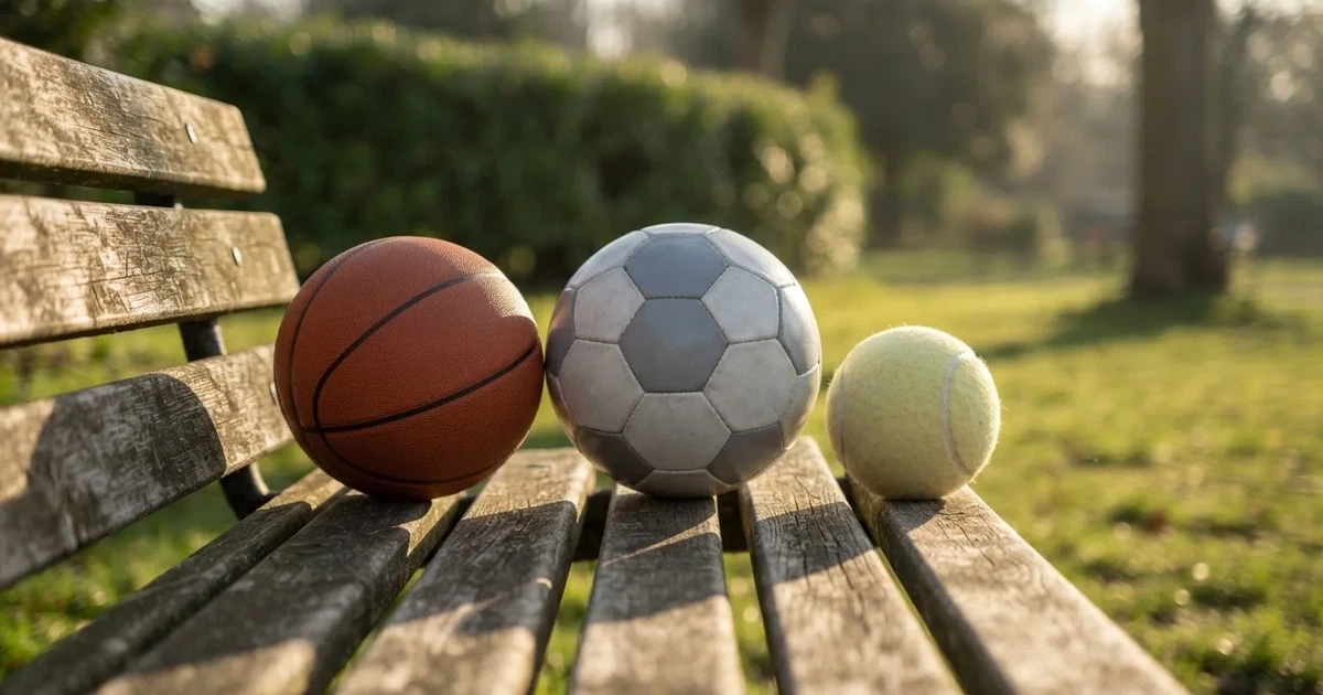 Three balls of different kinds side by side on a wooden bench