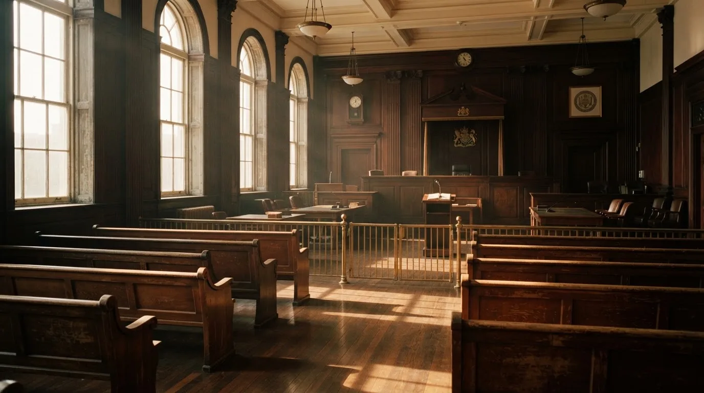 An empty courtroom with wooden benches in morning light