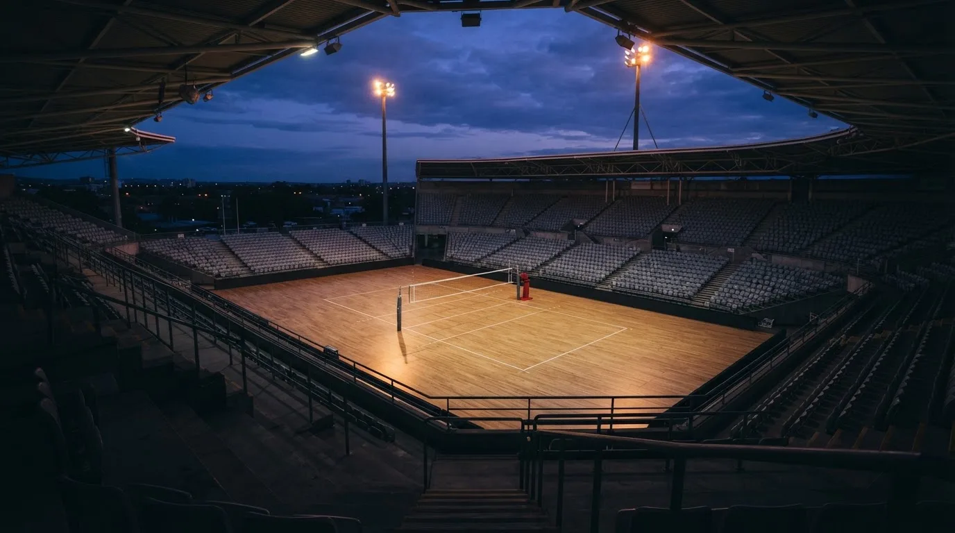 An empty football stadium with floodlight masts at dusk