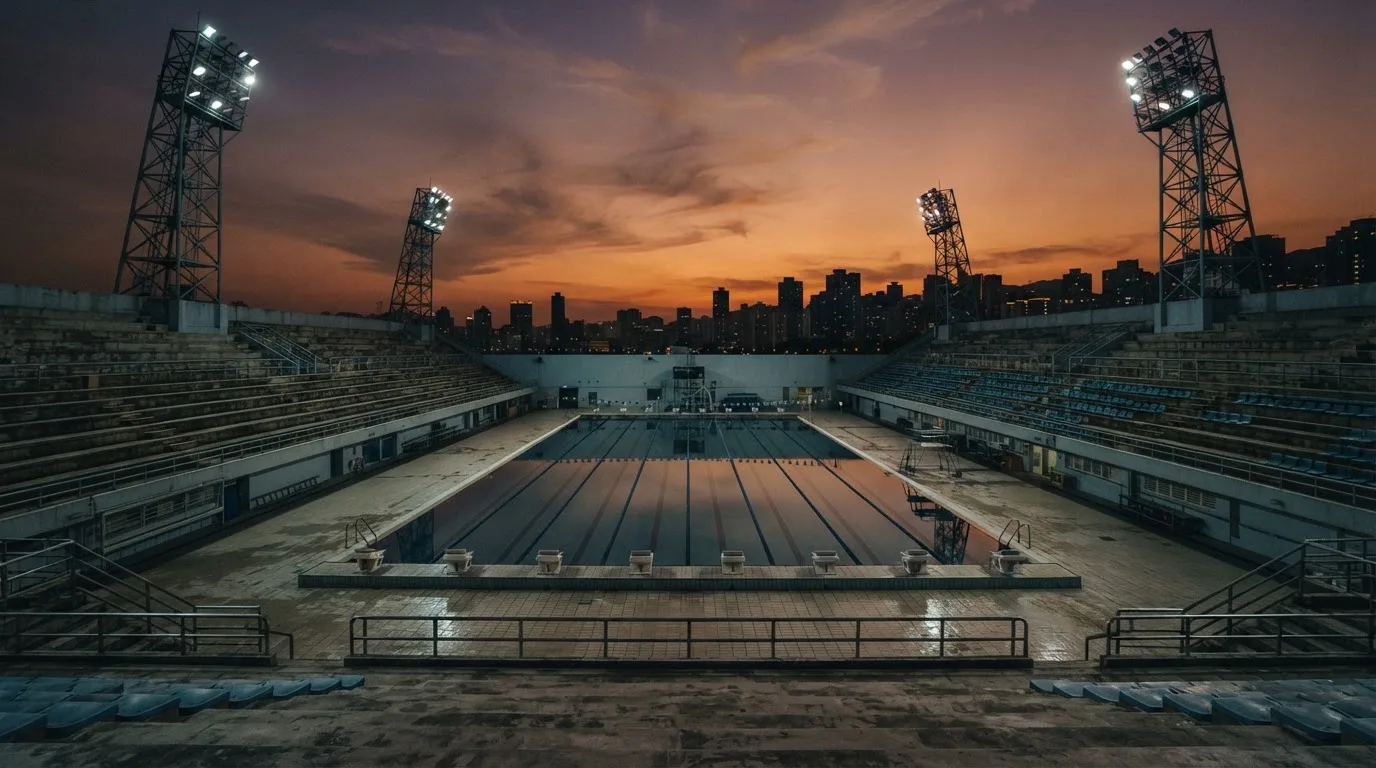 An empty football stadium with floodlight masts at dusk