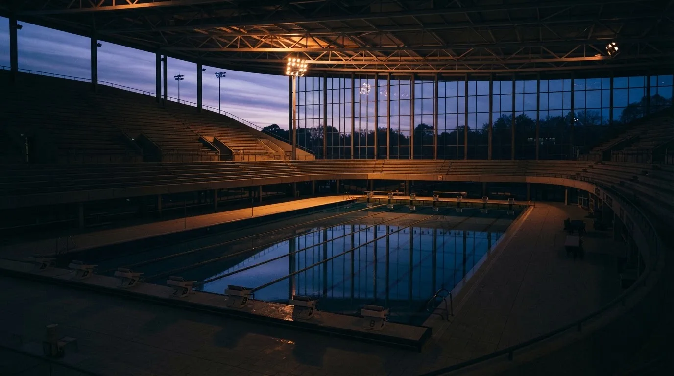 An empty football stadium with floodlight masts at dusk