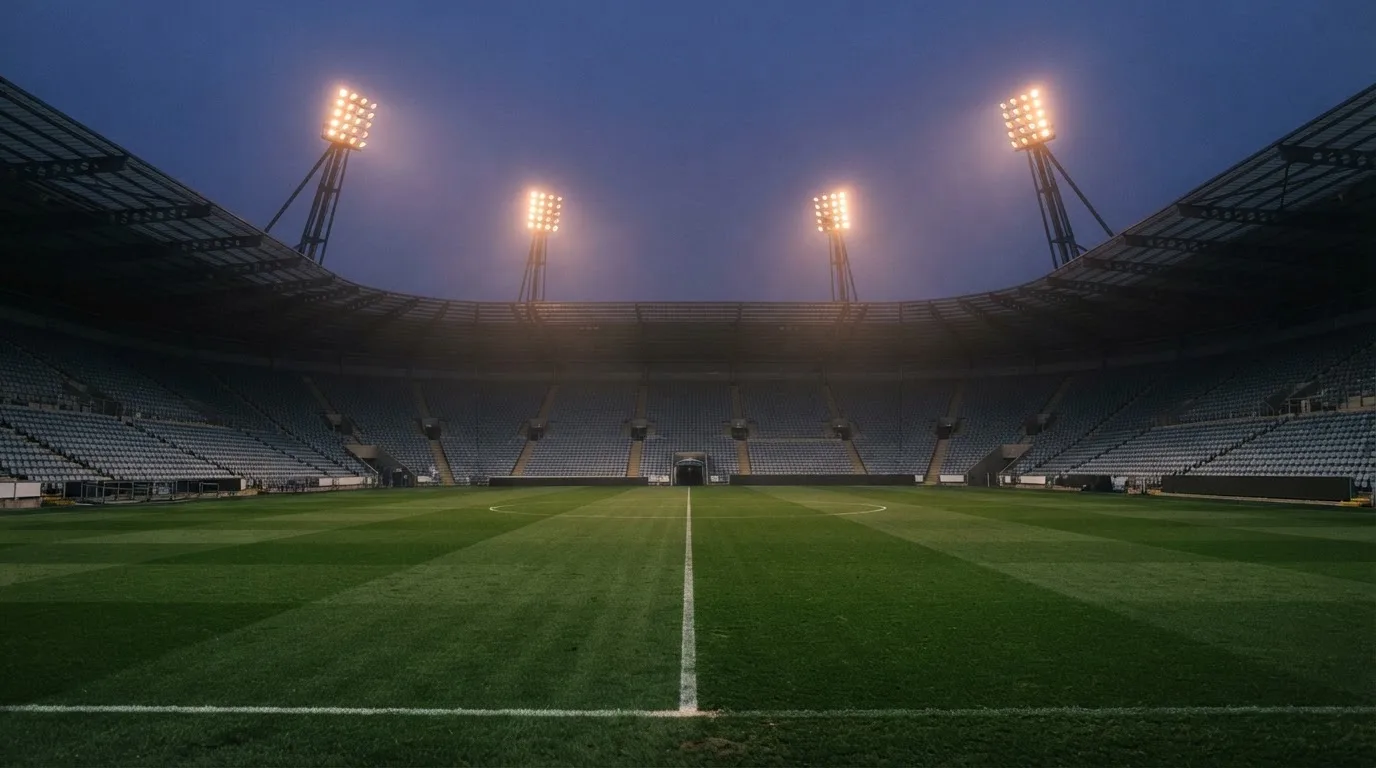 An empty football stadium with floodlight masts at dusk