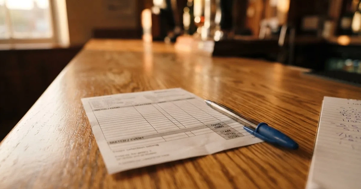 A blank paper betting slip beside a pen on a wooden counter